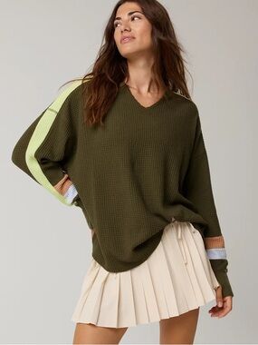 Aerie Wow! Waffle Notch Neck Olive Green Long Stripe Sleeve T-Shirt Small NWT